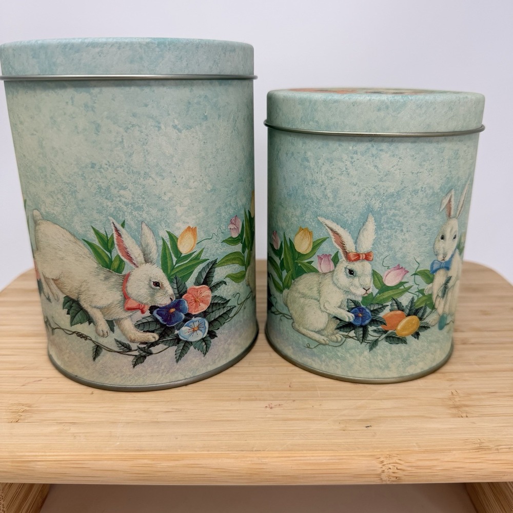 Vintage Easter Bunny Rabbit Nesting Tins Set of 2 Spring Floral Cottagecore